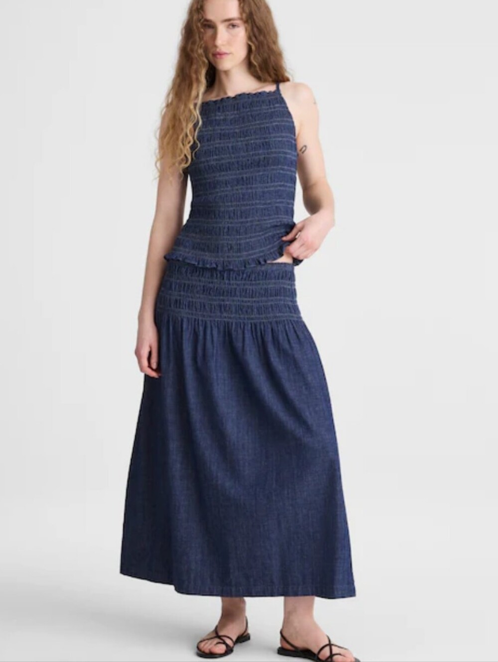 Madewell Denim Smocked-Waist Midi Skirt NZ999 Size L